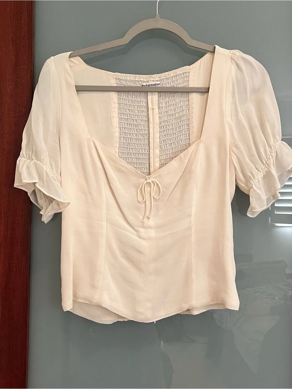 Reformation “Delevan” White Puff-Sleeve Tie-Front Blouse - Size 4